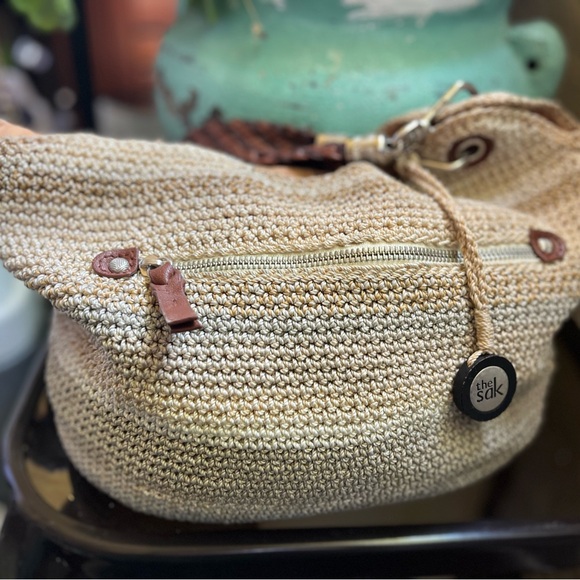 The Sak Shoulder Bag Double Woven Removable Leather Handles Tan Stripe Crochet - Picture 2 of 6